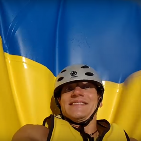 Excited stag about to be launched into the air on the Blob balloon